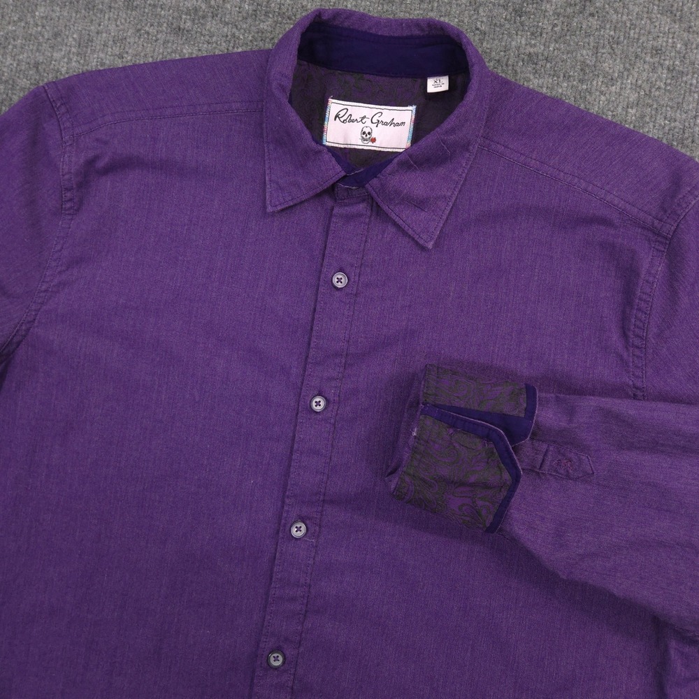 Robert Graham Shirt Mens XL Purple Chambray Long Sleeve Flip Cuff Classic Fit